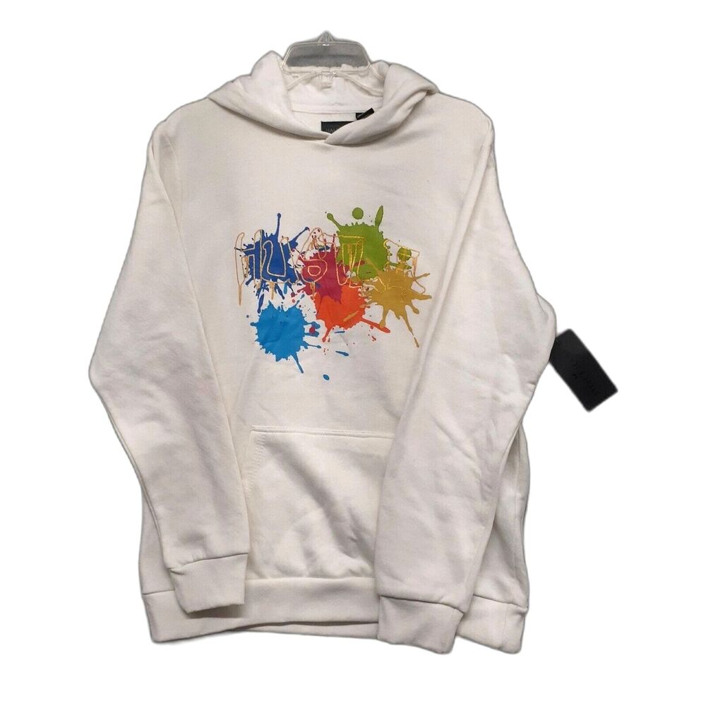 Steve’s Jeans Men Sz M White Hoodie Colorful Paint Splatter Hustle Graphic NWT
